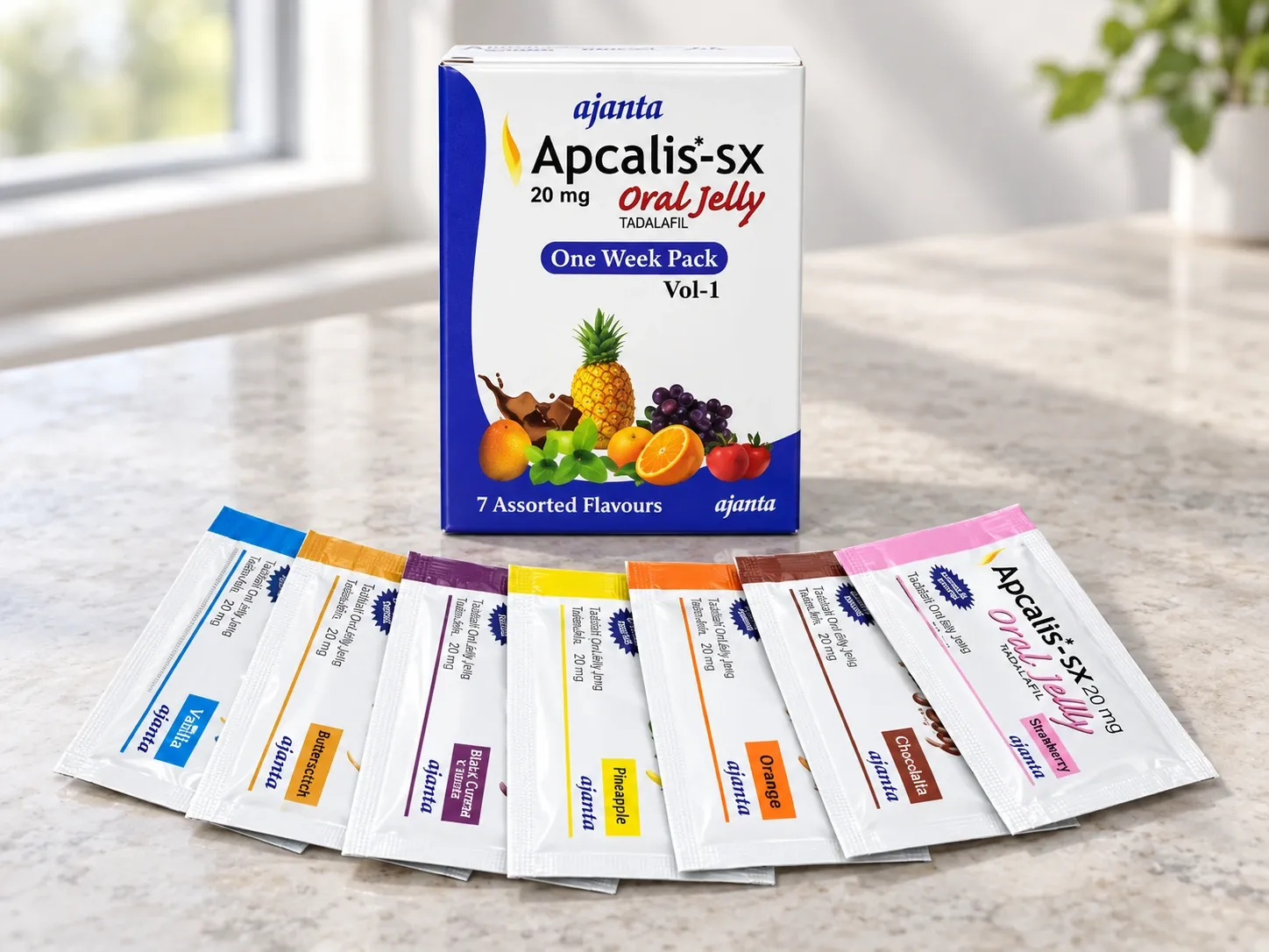 AI-generated illustration of Apcalis-SX oral jelly on a level stone tabletop