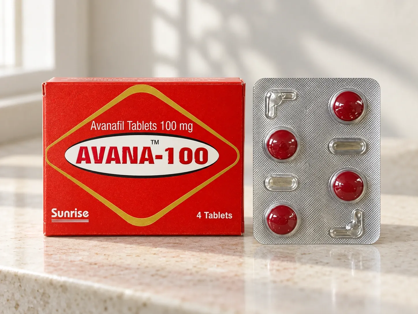 AI-generated illustration of AVANA-100 packaging on a level tabletop