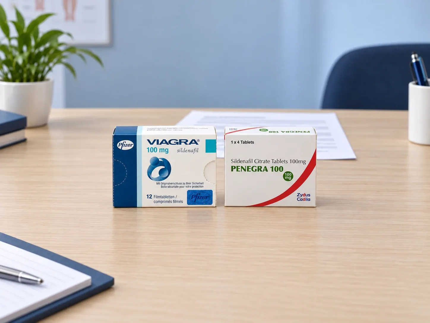 Editorial illustration comparing Viagra and Penegra example packaging on a pharmacist’s desk