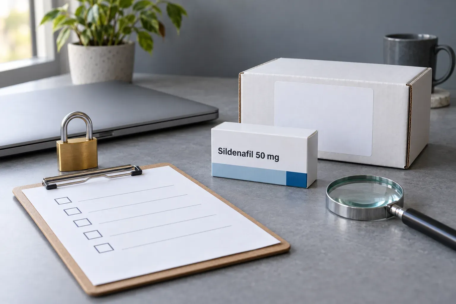 AI-generated image: a closed laptop, a padlock, a blank checklist and a parcel beside a pack of sildenafil tablets