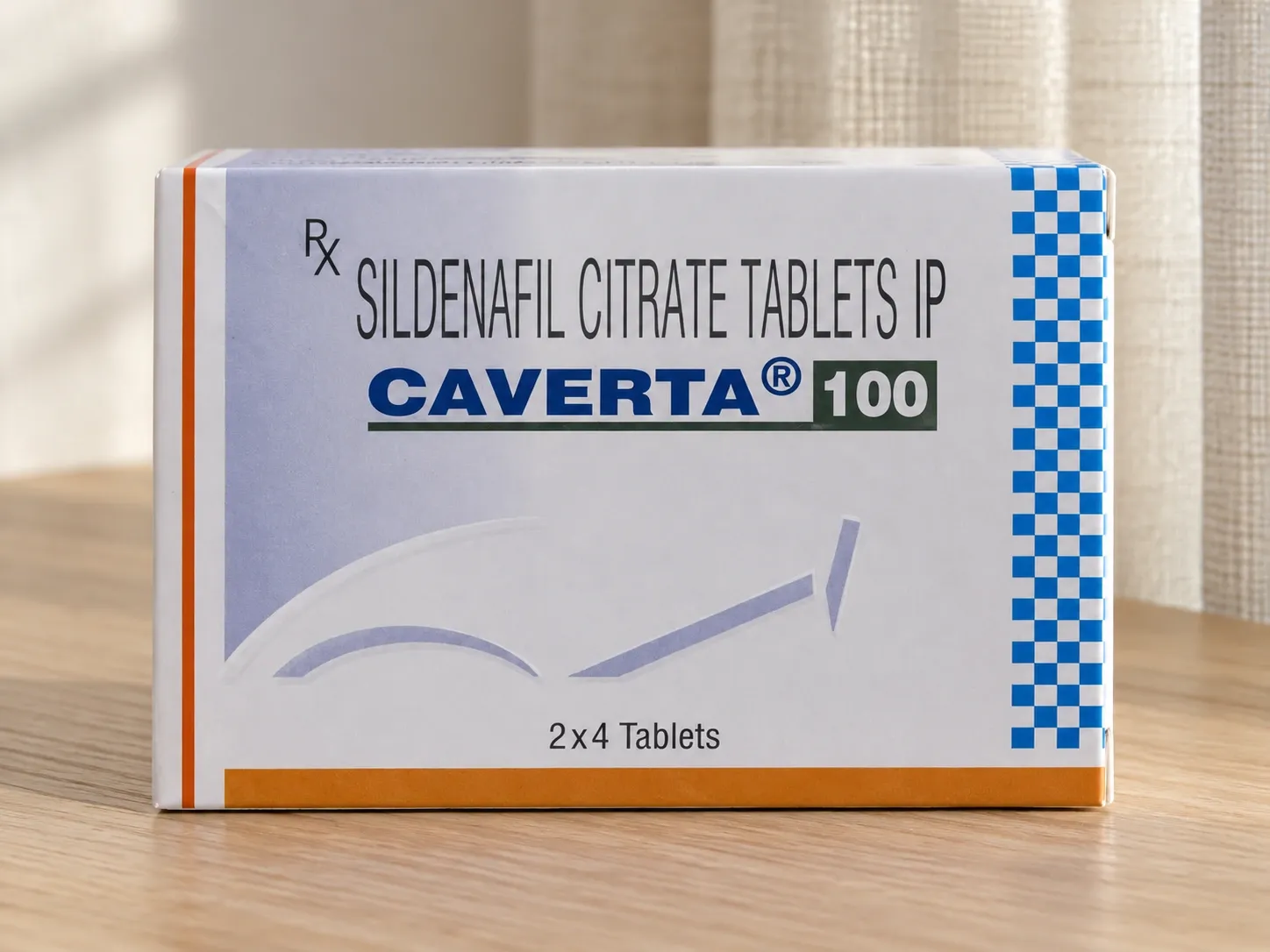 AI-generated illustration of CAVERTA 100 packaging on a level tabletop
