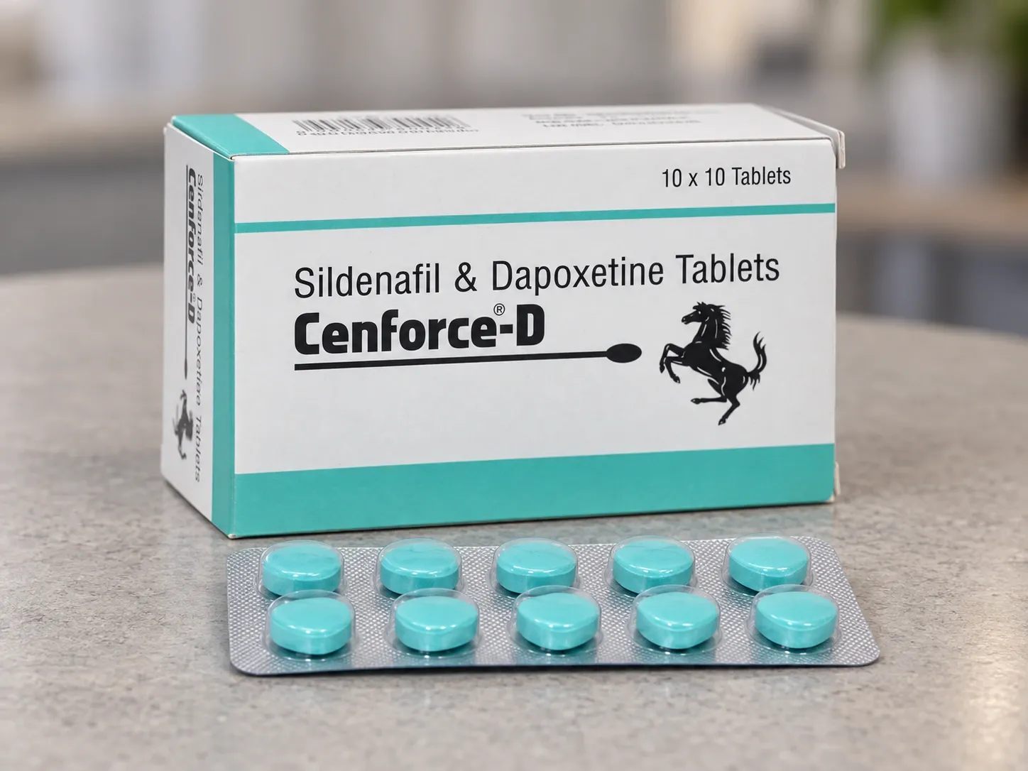 AI-generated illustration of Cenforce-D packaging on a level tabletop