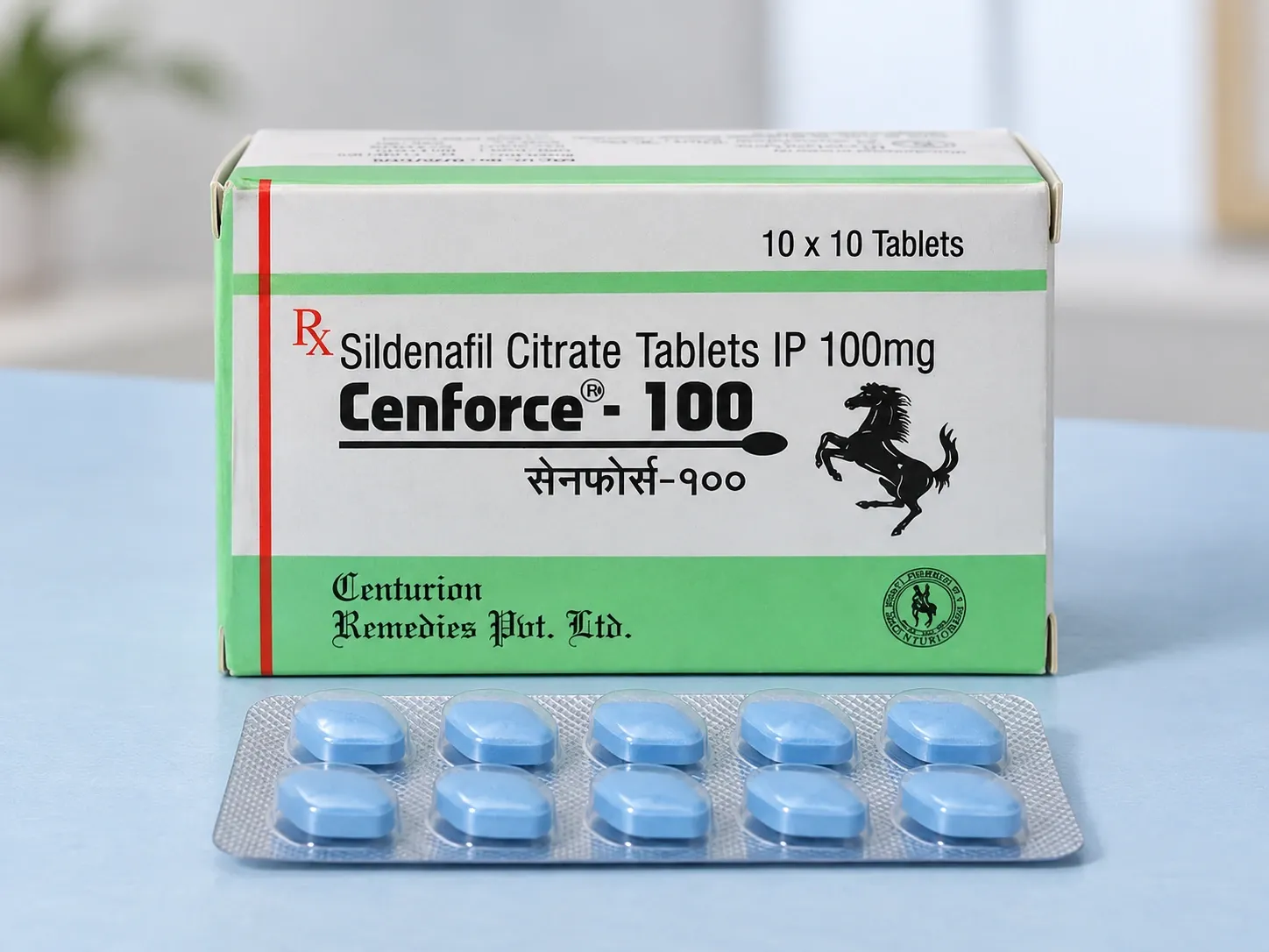 AI-generated illustration of Cenforce-100 packaging on a level tabletop