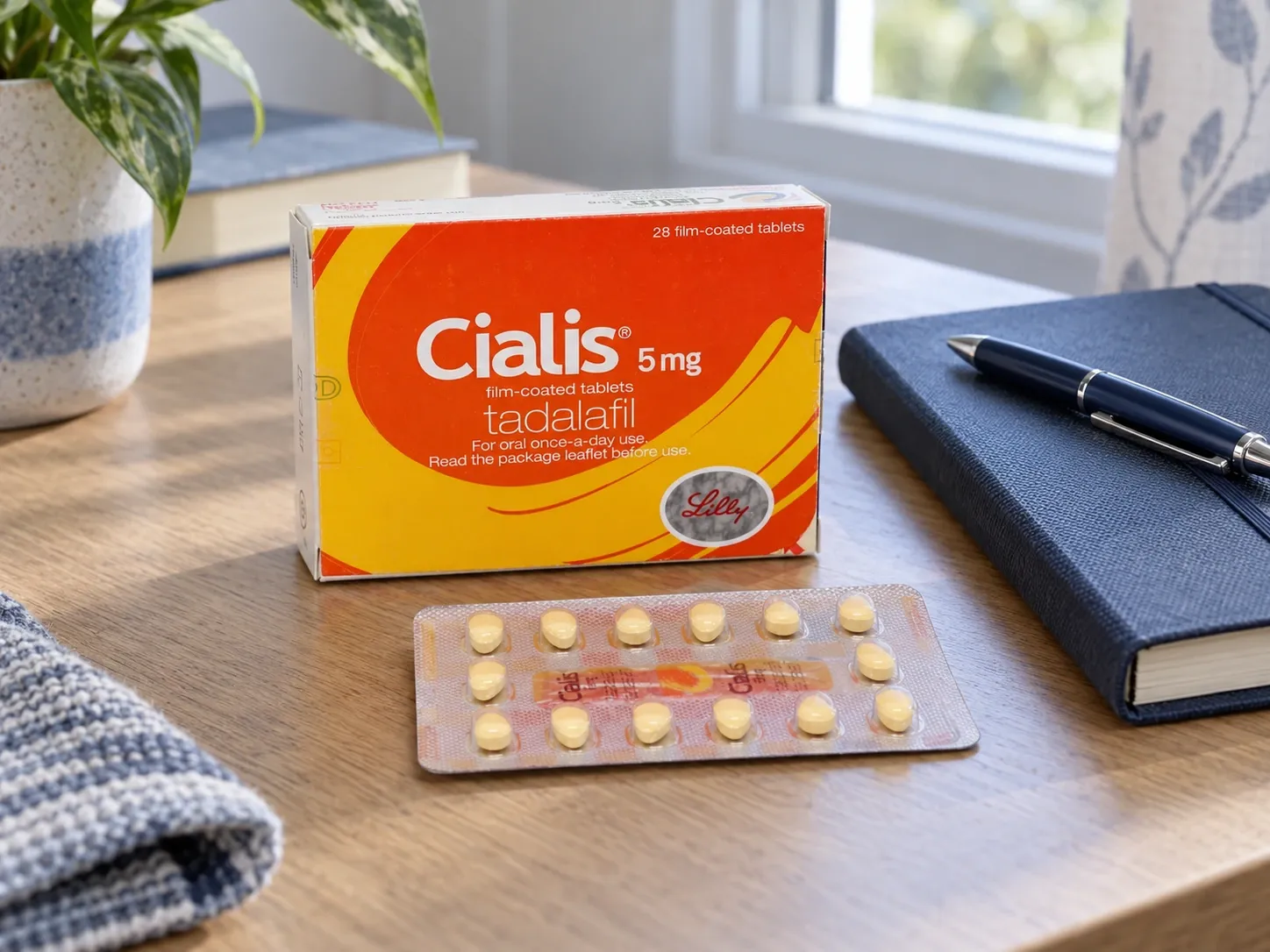 Editorial illustration of Cialis 5 mg packaging, a leaflet and a calendar notebook