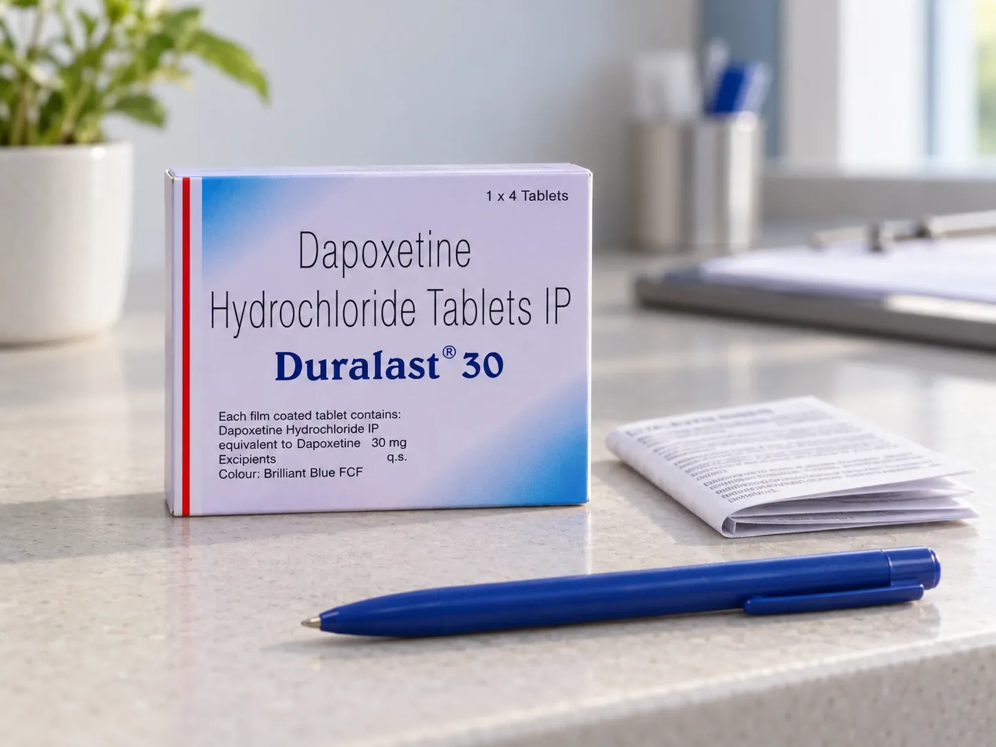Editorial illustration of Duralast 30 example packaging on a medicine-review desk
