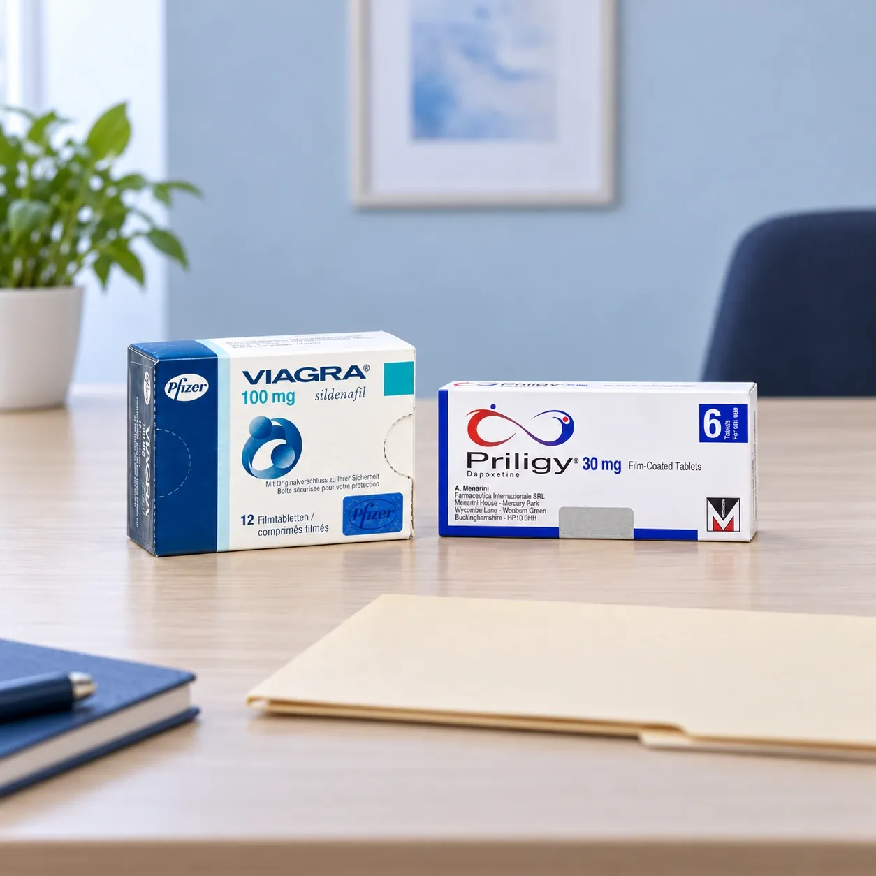 Editorial illustration of separate Viagra and Priligy product records on a consultation desk