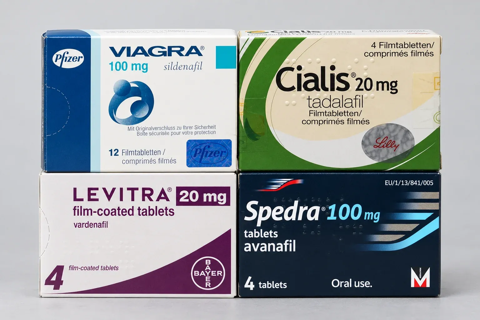 AI-generated illustration of Viagra, Cialis, Levitra and Spedra boxes stacked two per row.