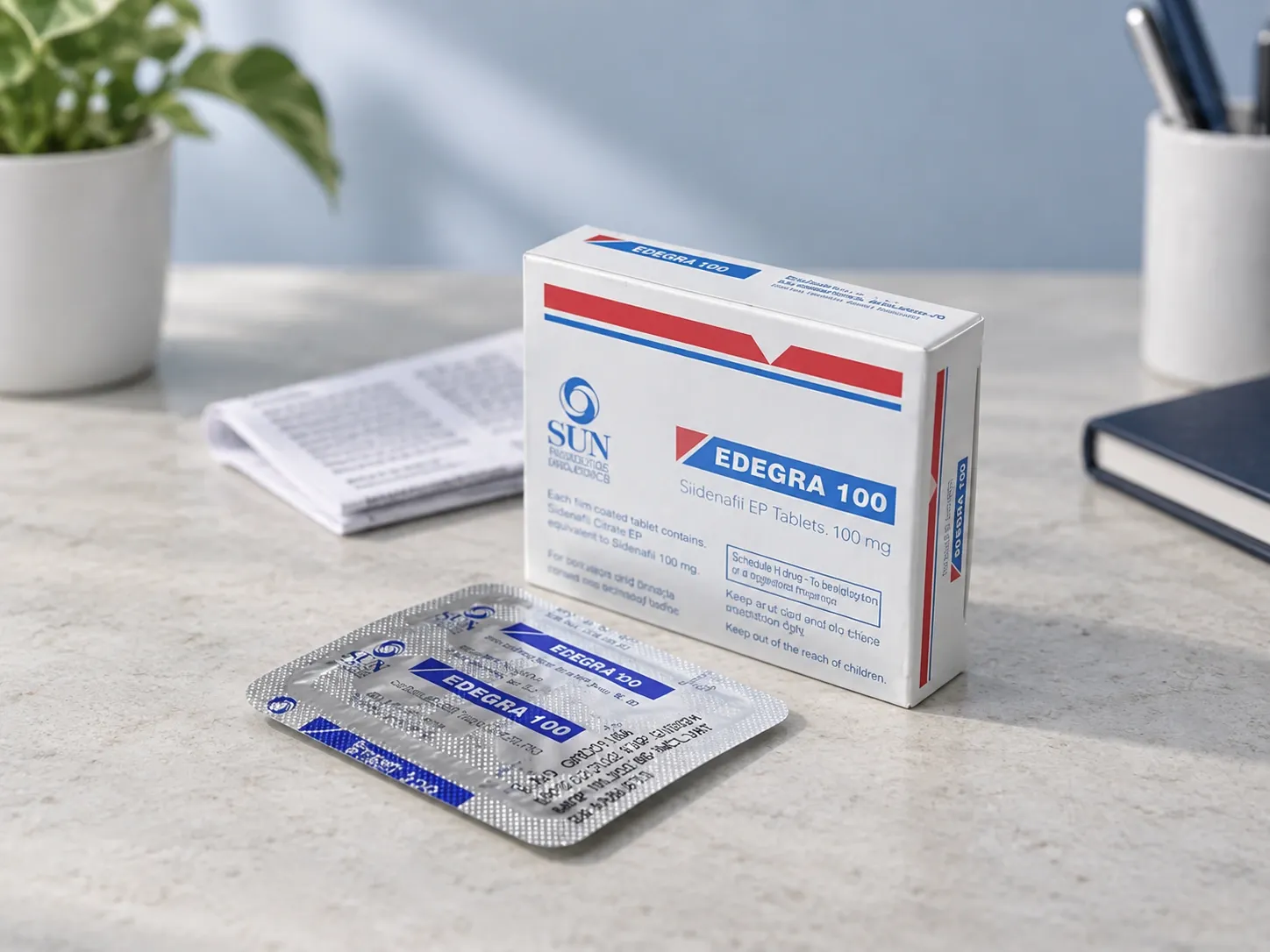 Editorial illustration of Edegra 100, Sun example packaging on a medicine-review desk