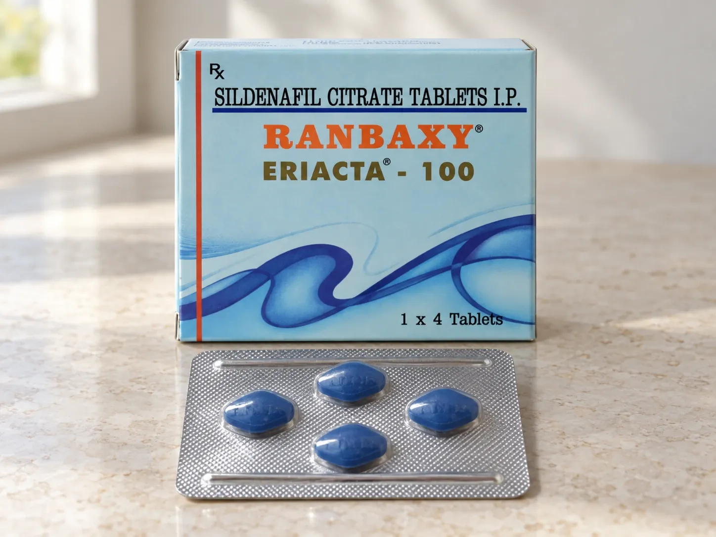 AI-generated illustration of ERIACTA-100 packaging on a level tabletop