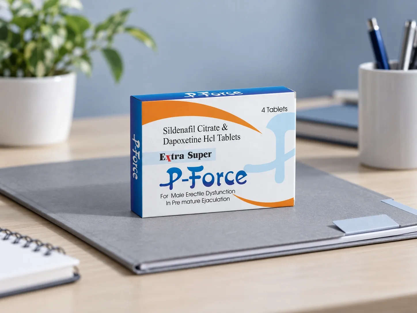 Editorial illustration of Extra Super P-Force example packaging on a medicine-review desk