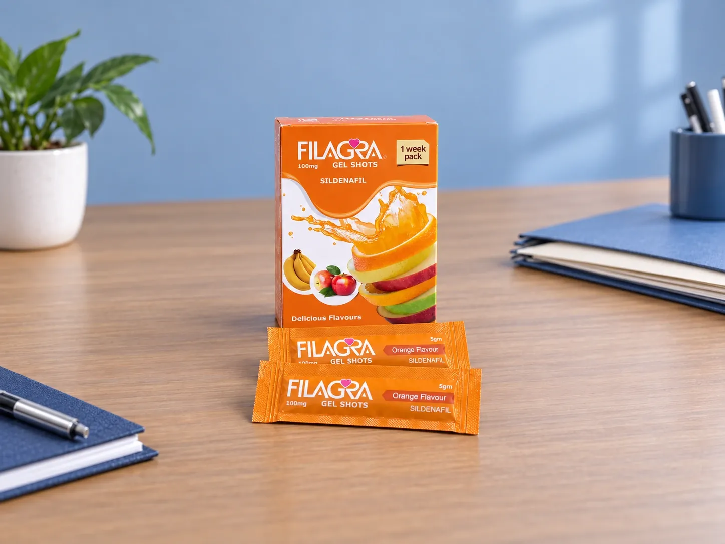 Editorial illustration of Filagra Gel Shots 100 mg oral jelly example packaging on a medicine-review desk