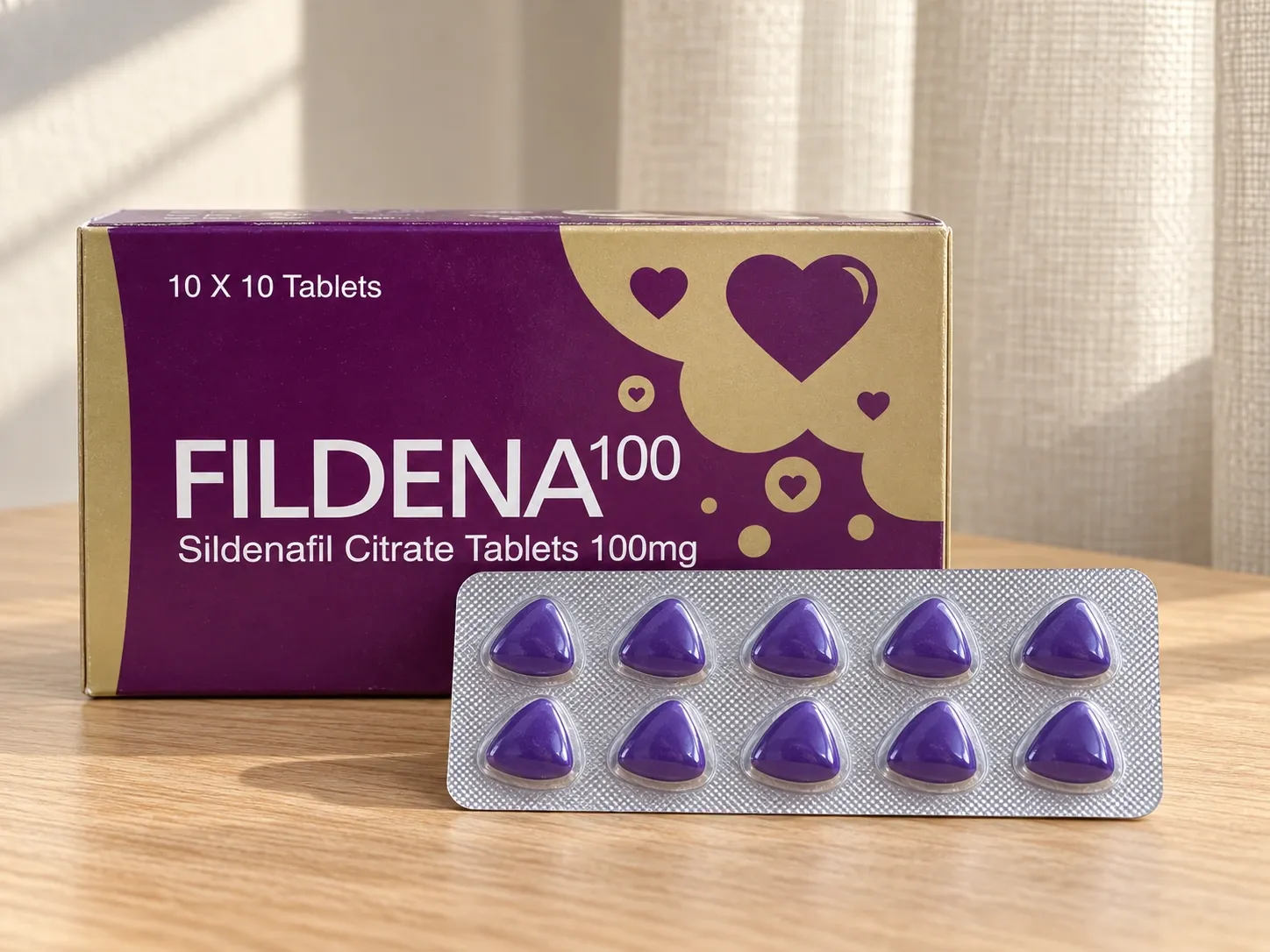 AI-generated illustration of FILDENA100 packaging on a level tabletop