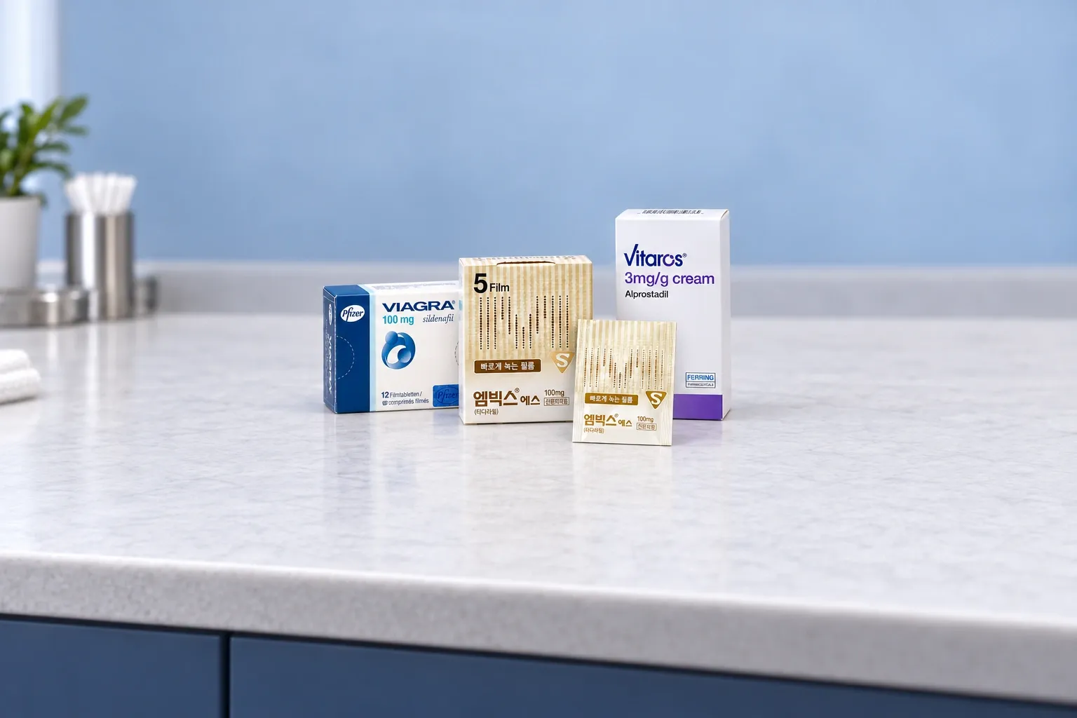 Editorial illustration comparing tablet, sealed oral-film and cream packaging