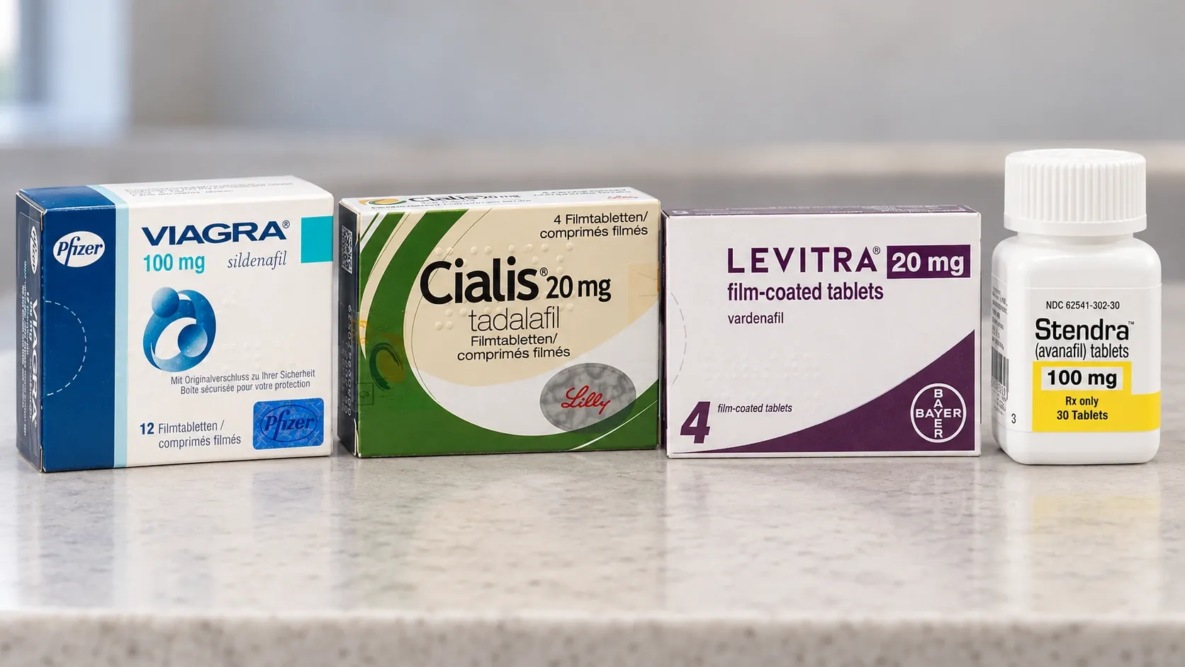 AI-generated editorial illustration of Viagra, Cialis, Levitra and Stendra example packaging on a pharmacy counter