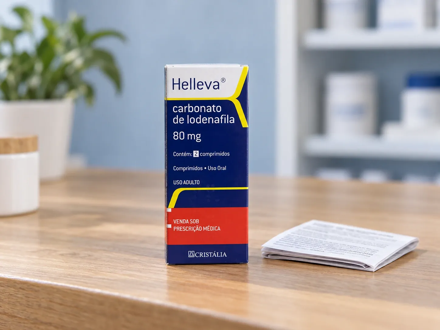 Editorial illustration of Helleva 80 mg, two-tablet Cristália example packaging on a medicine-review desk