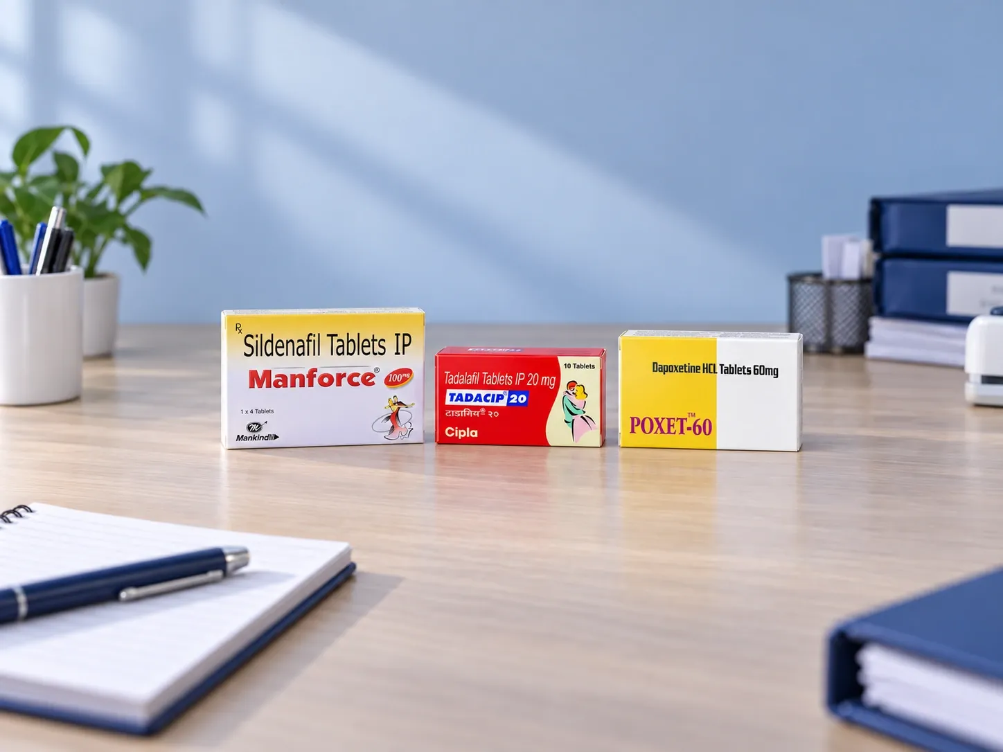 Editorial illustration of Manforce, Tadacip and Poxet example cartons on a pharmacy desk