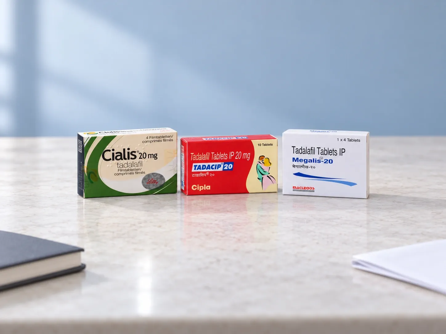 Editorial illustration comparing Cialis, Tadacip and Megalis 20 mg example cartons