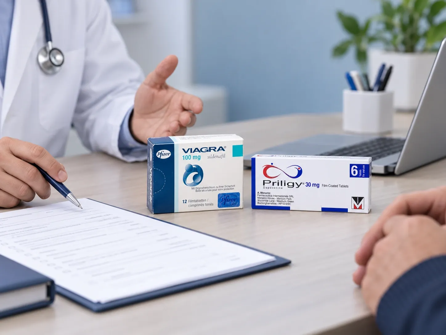 Editorial illustration of medicine packages and a medicine list prepared for interaction review