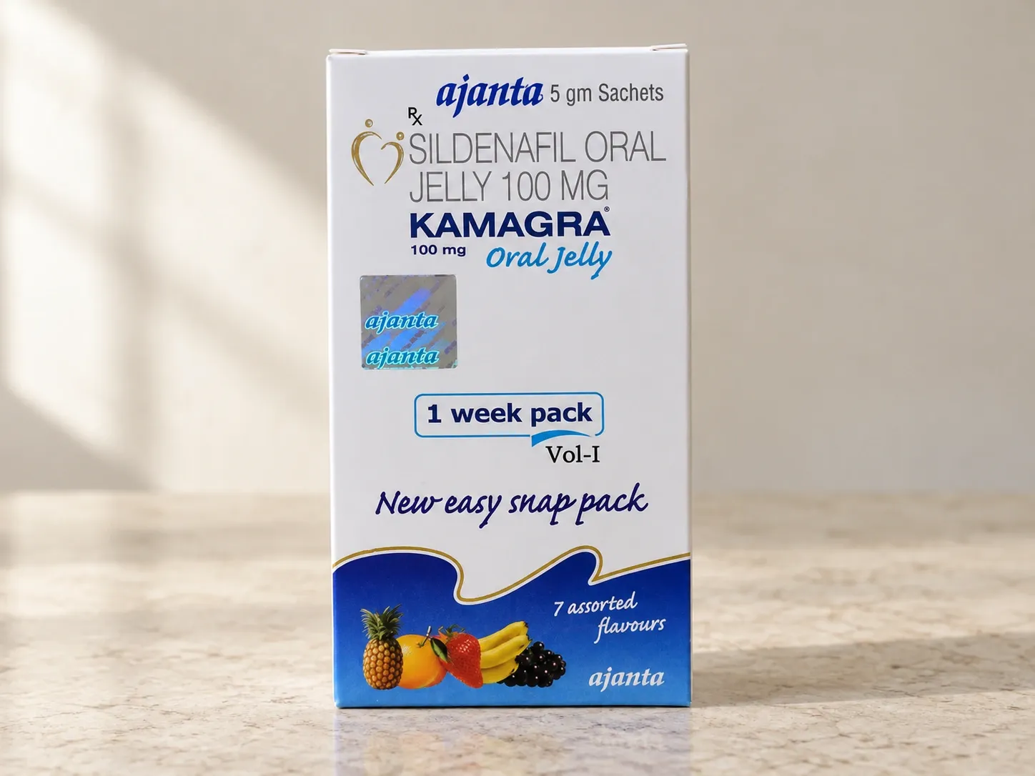 AI-generated illustration of KAMAGRA Oral Jelly packaging on a level tabletop
