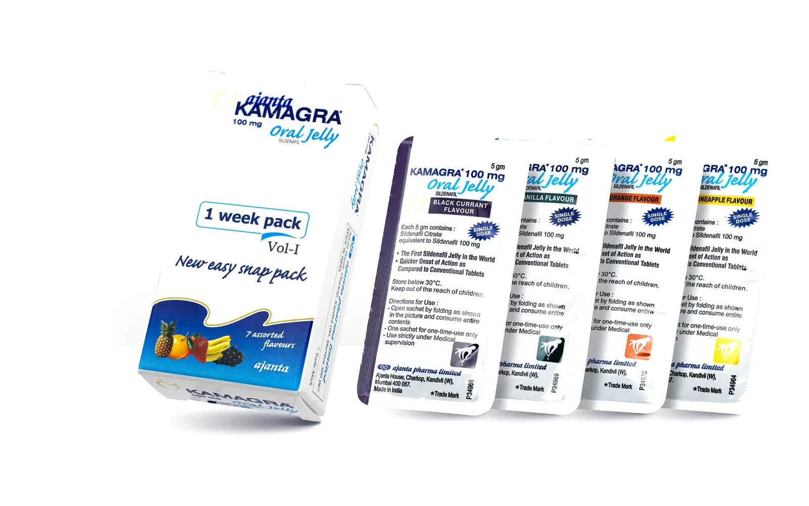 Kamagra Oral Jelly 100 mg: a one-week pack box and four single-dose flavour sachets