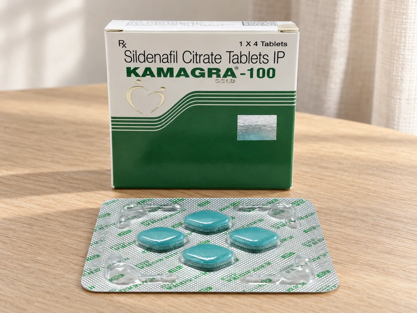 AI-generated illustration of KAMAGRA-100 packaging on a level tabletop