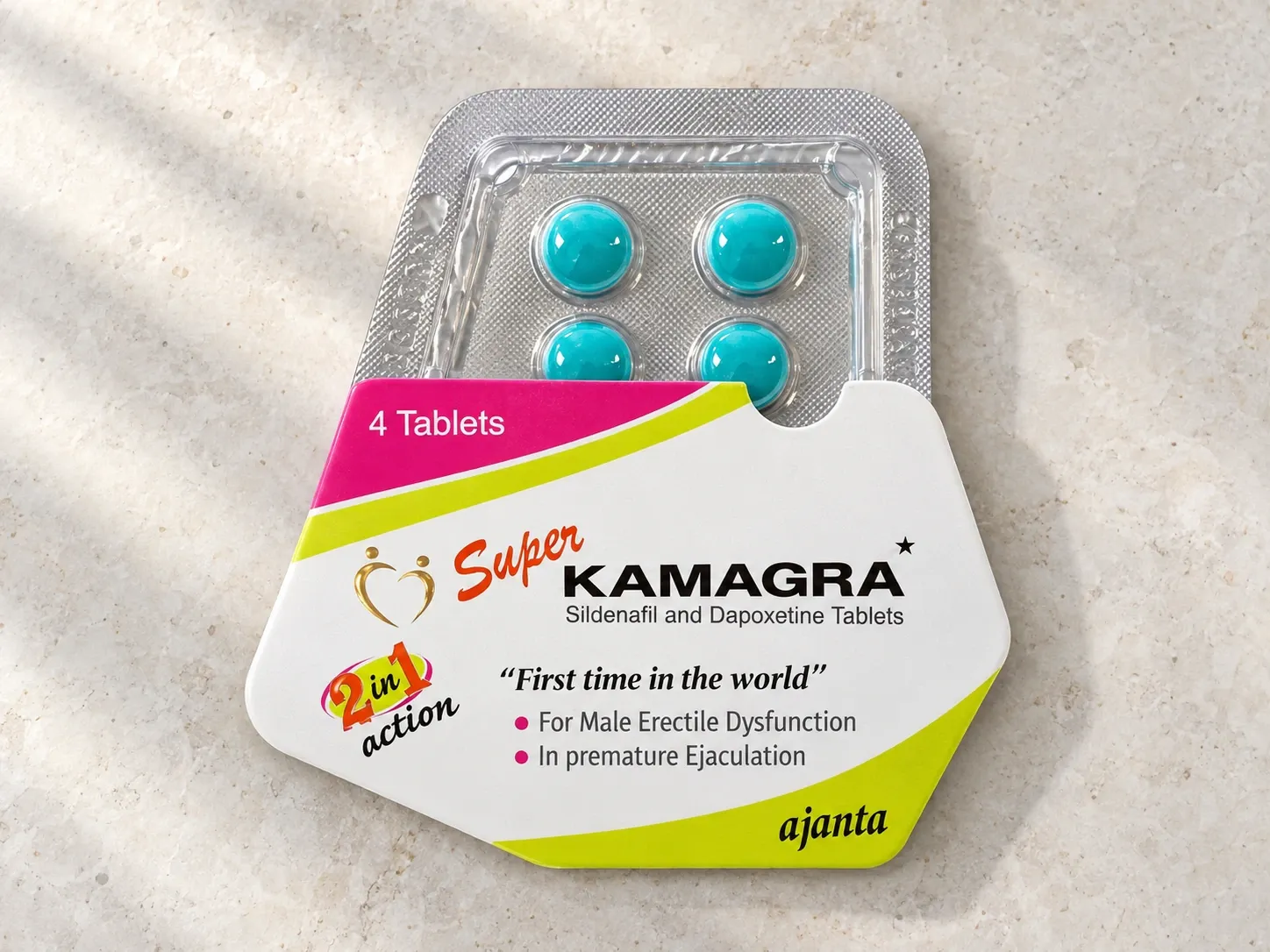 AI-generated illustration of Super KAMAGRA packaging on a level tabletop