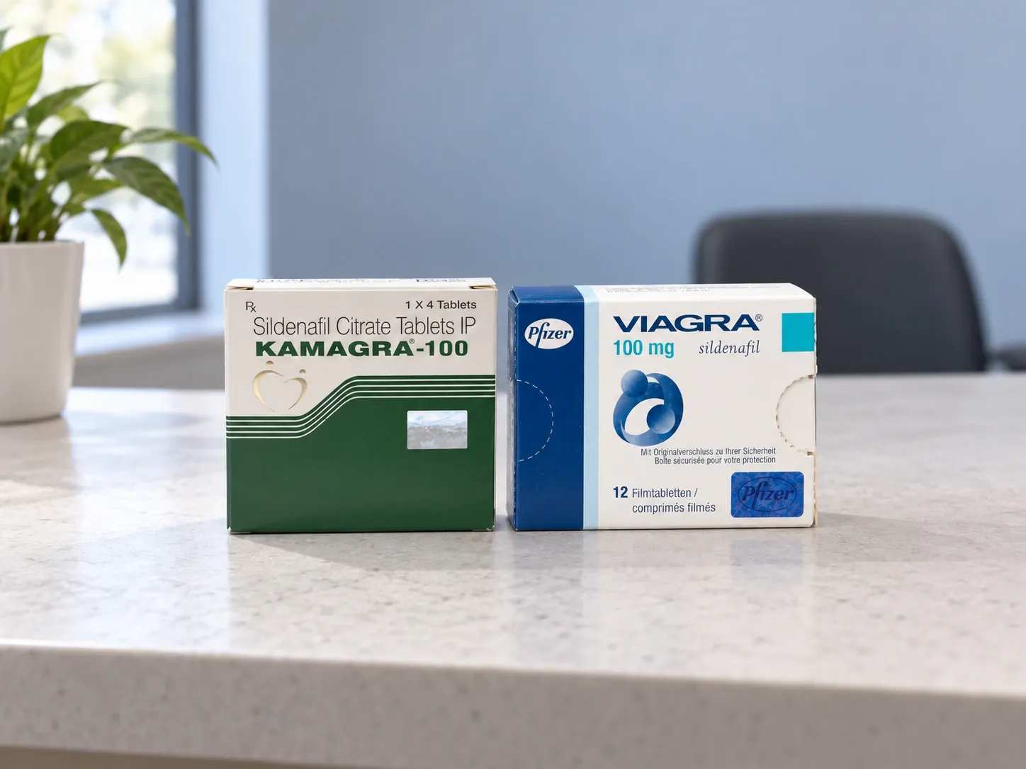 Editorial illustration comparing KAMAGRA-100 and Viagra example cartons