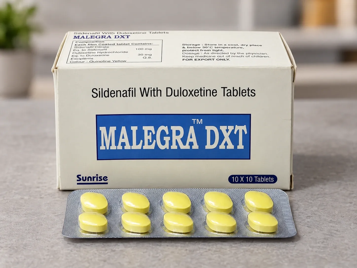 AI-generated illustration of MALEGRA DXT packaging on a level tabletop