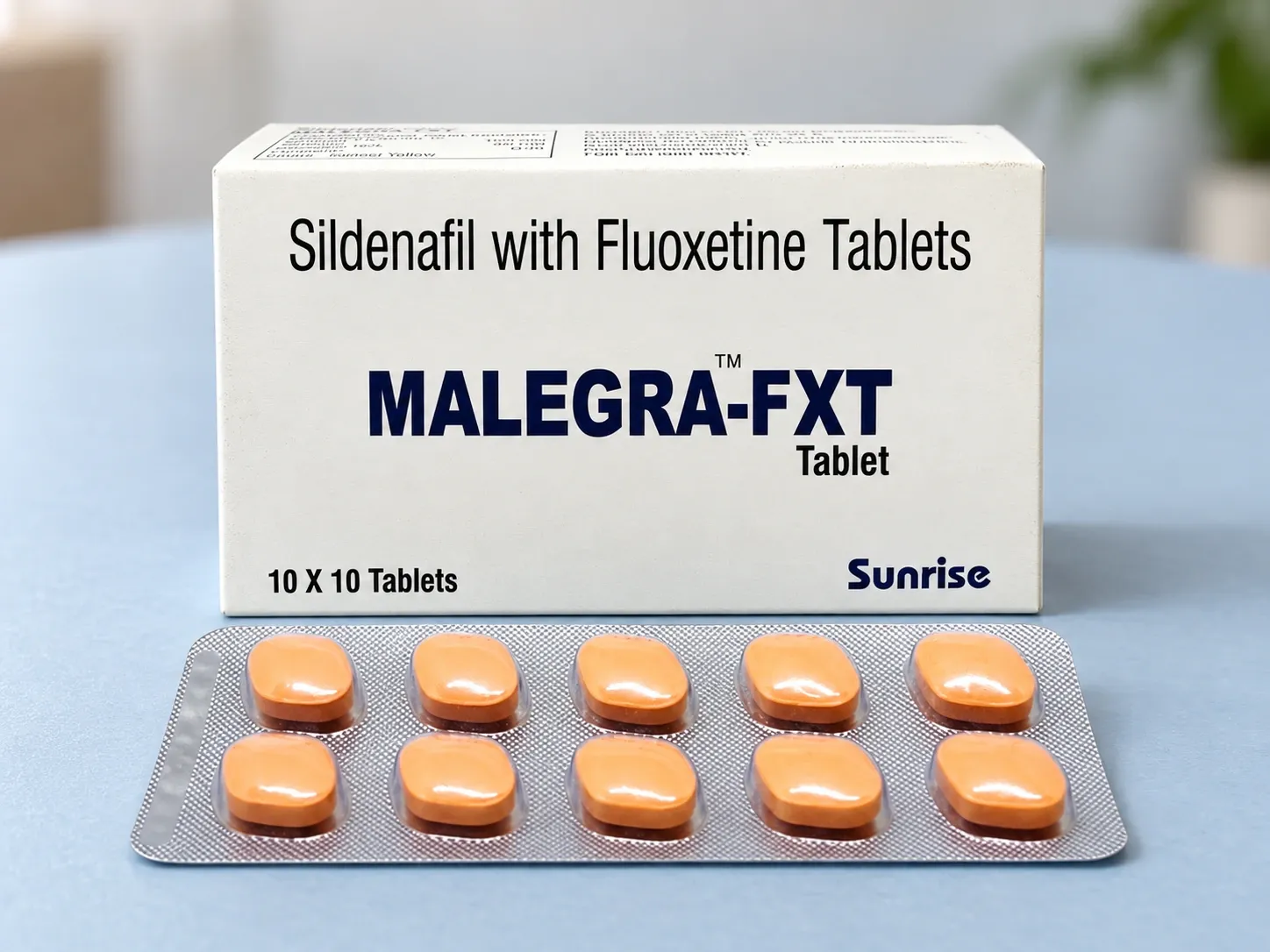 AI-generated illustration of MALEGRA-FXT packaging on a level tabletop