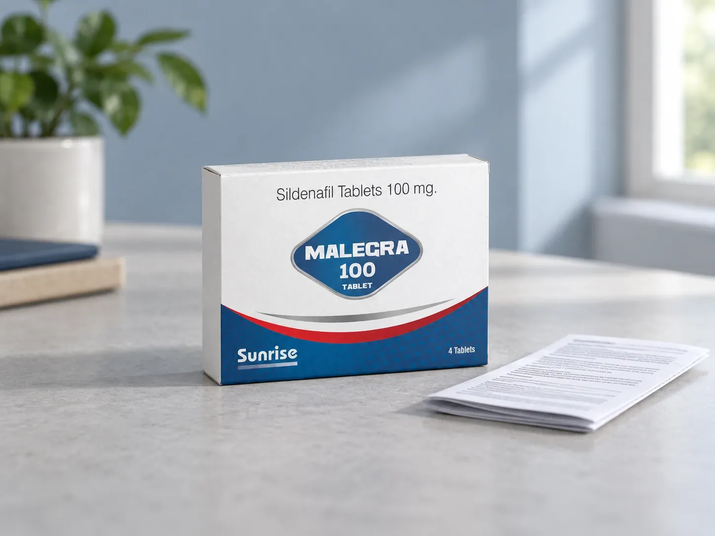 Editorial illustration of Malegra 100 example packaging on a medicine-review desk