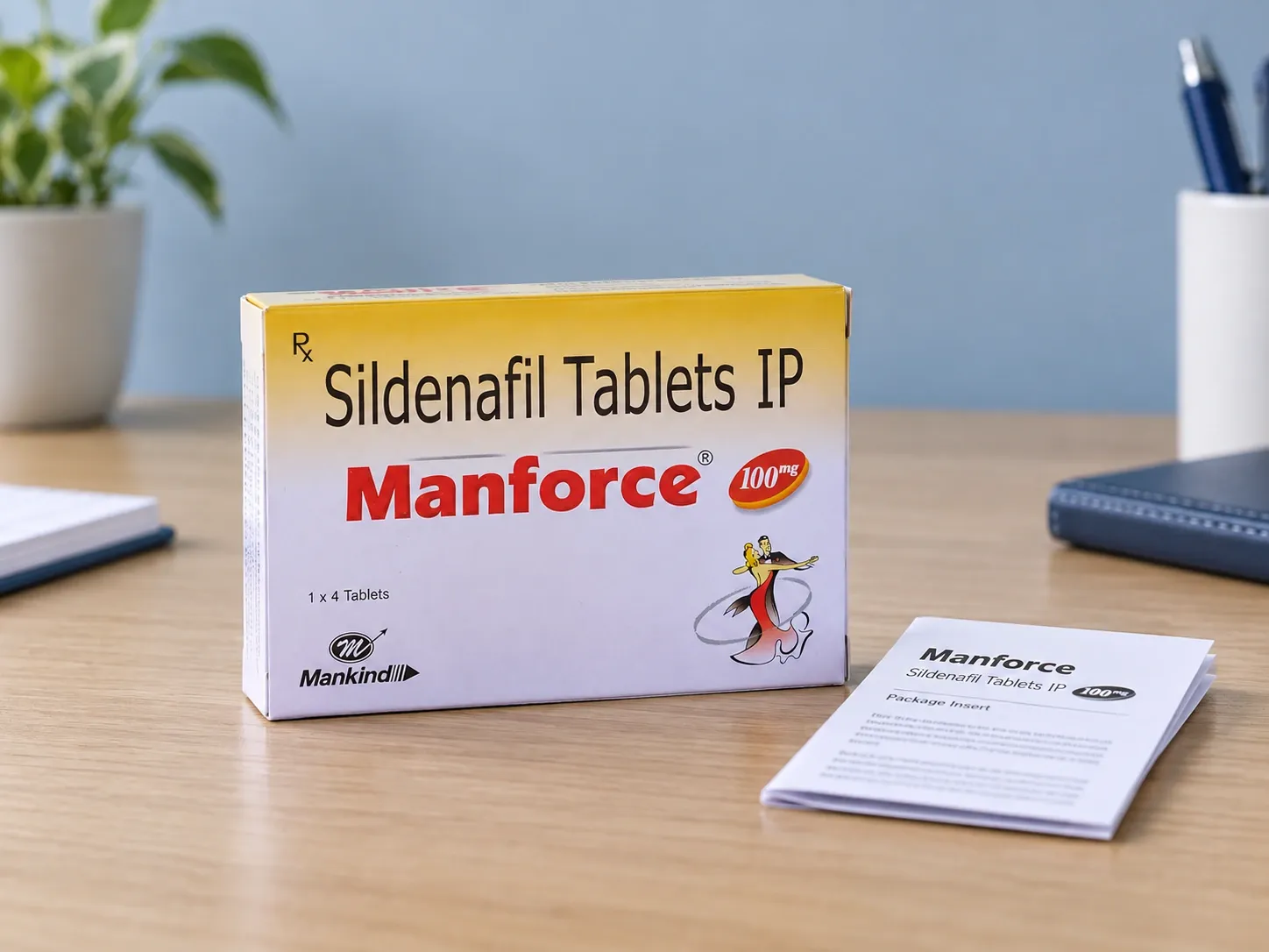 Editorial illustration of Manforce 100 example packaging on a medicine-review desk