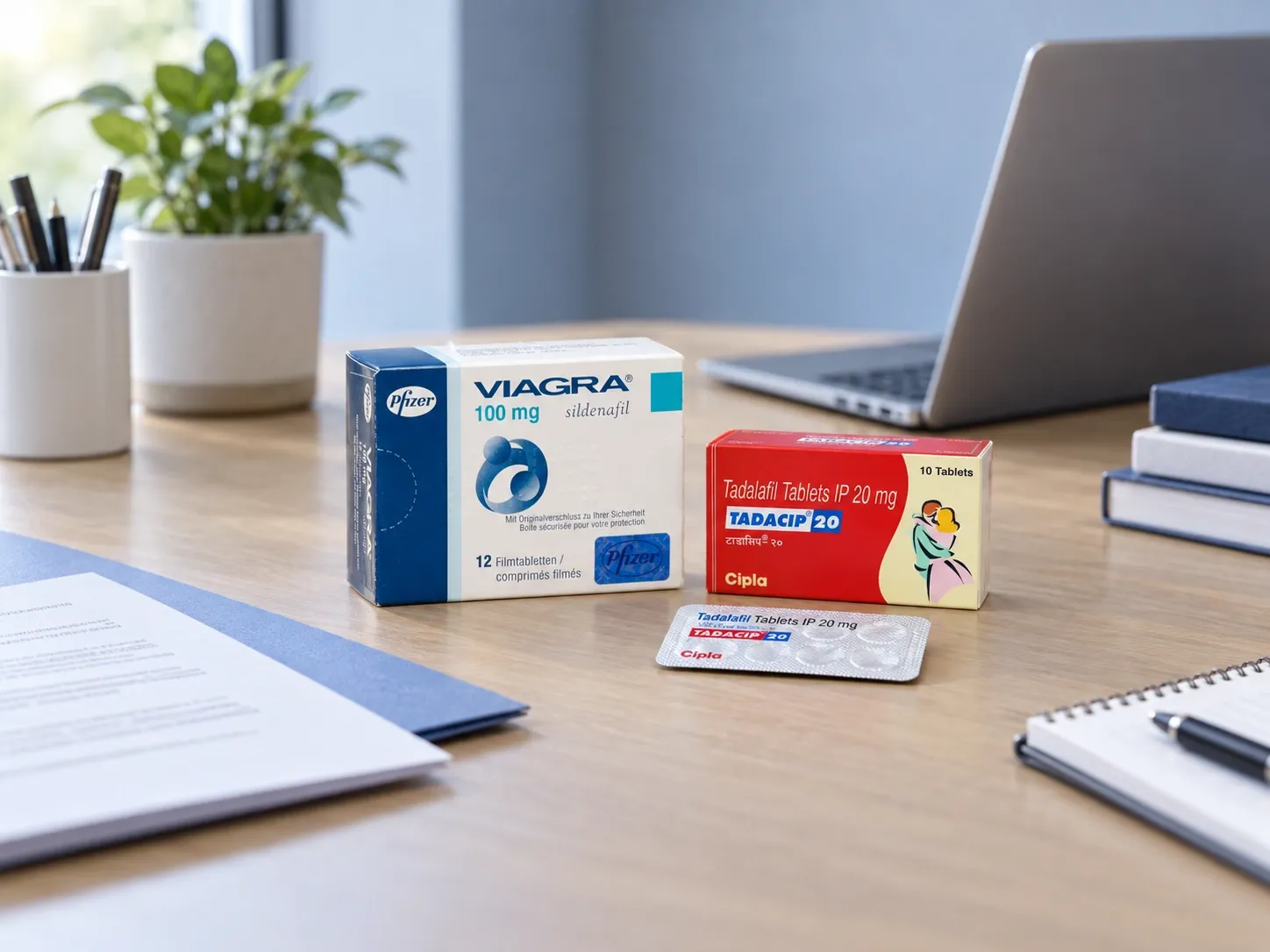 Editorial illustration of two example medicine packs and documents on a research desk