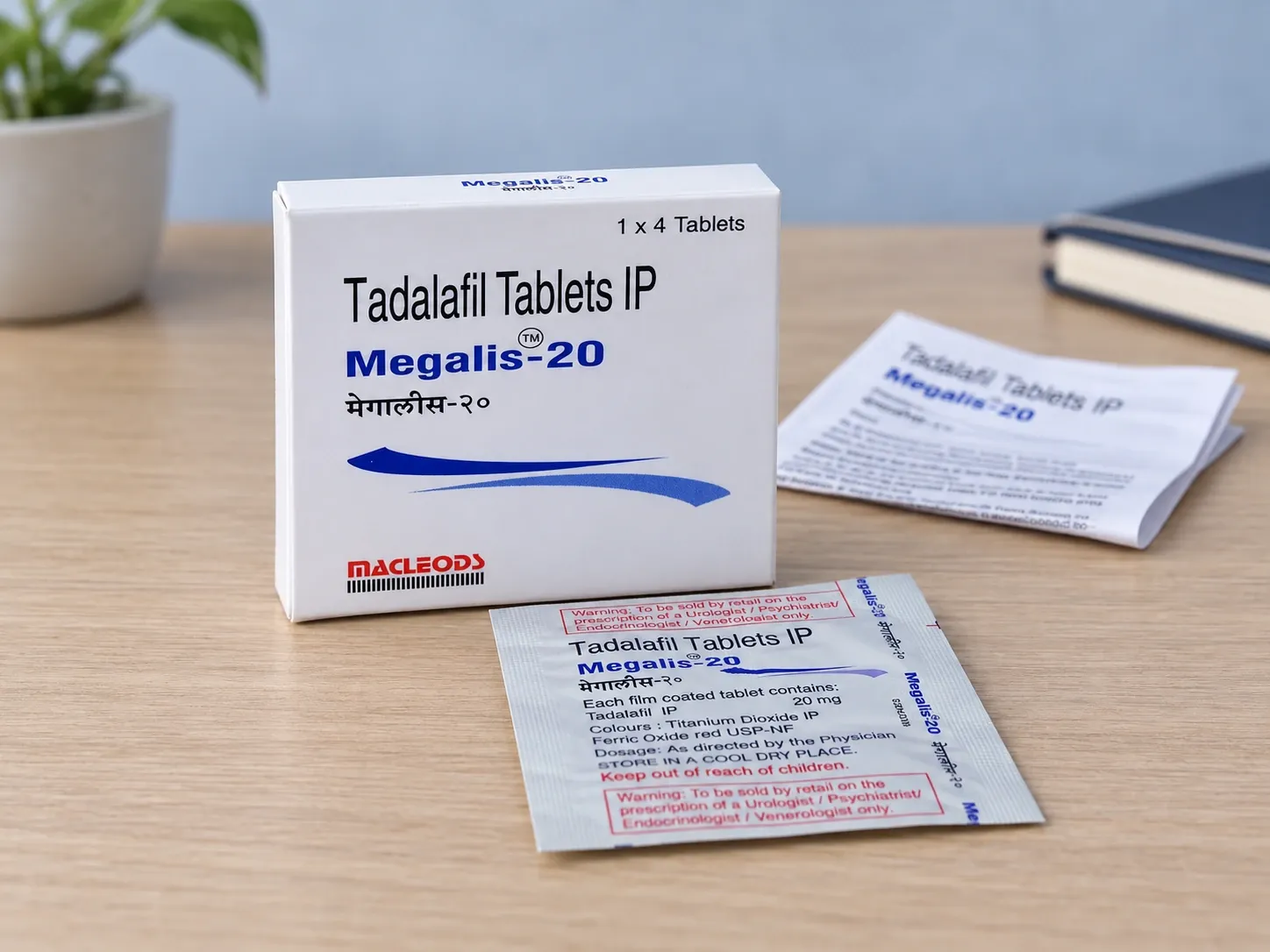 Editorial illustration of Megalis-20 example packaging on a medicine-review desk