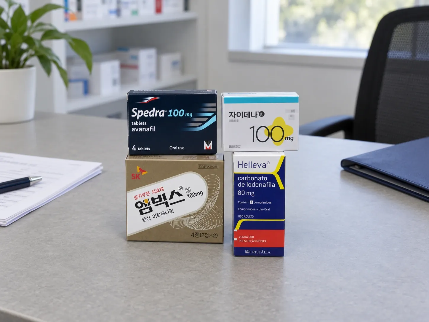 Editorial illustration of Spedra, Zydena, Mvix and Helleva example packaging
