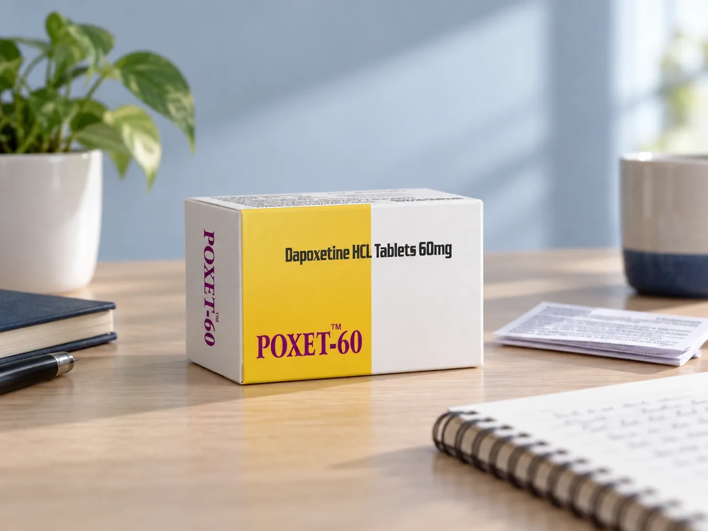 Editorial illustration of Poxet-60 example packaging on a medicine-review desk