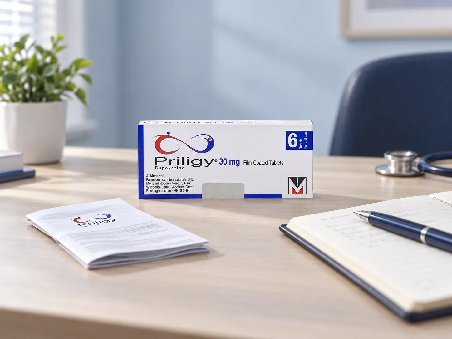 Editorial illustration of a Priligy 30 mg carton and consultation notes