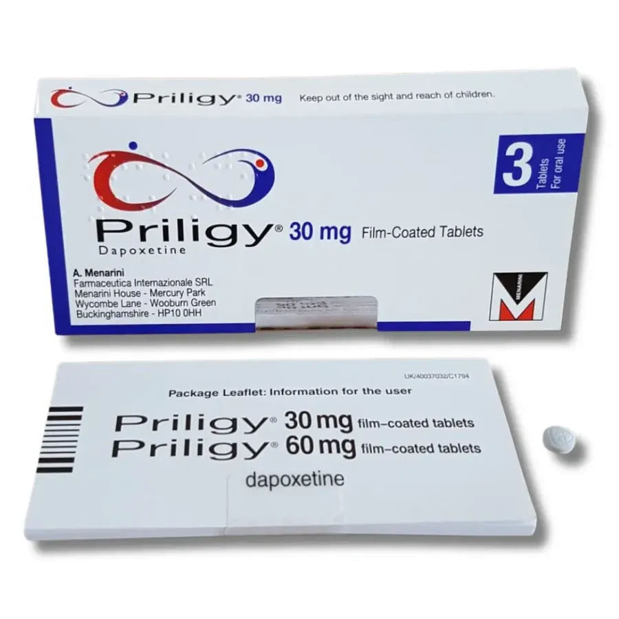 Priligy 30 mg example packaging with Menarini branding
