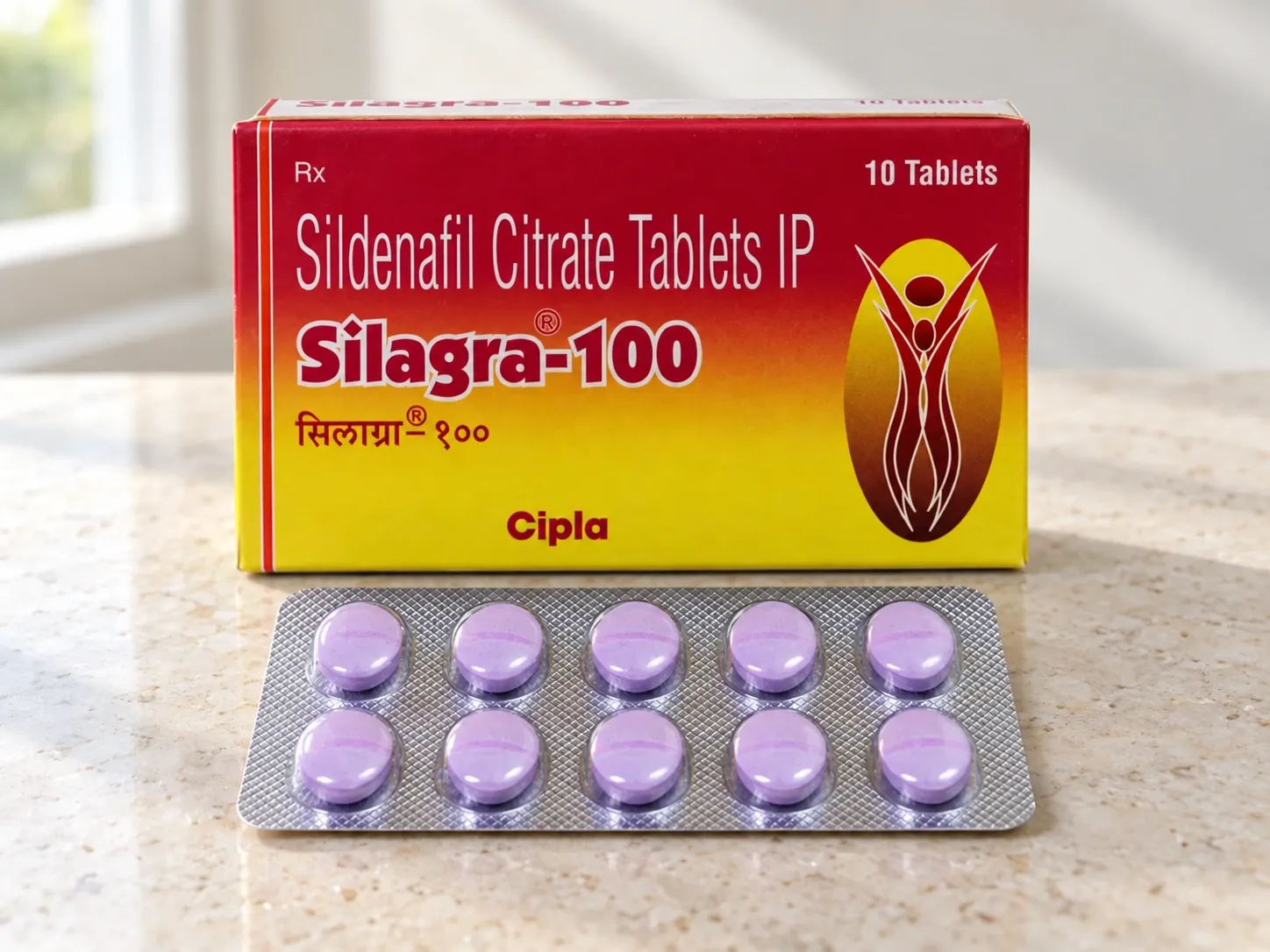 AI-generated illustration of Silagra-100 packaging on a level tabletop