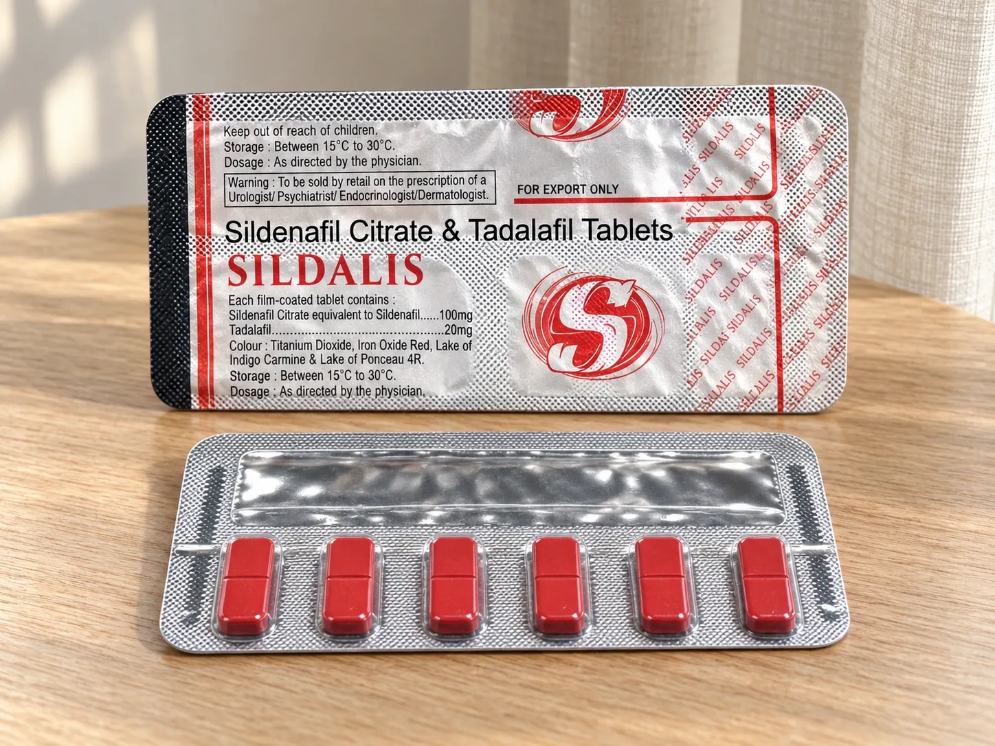 AI-generated illustration of SILDALIS packaging on a level tabletop