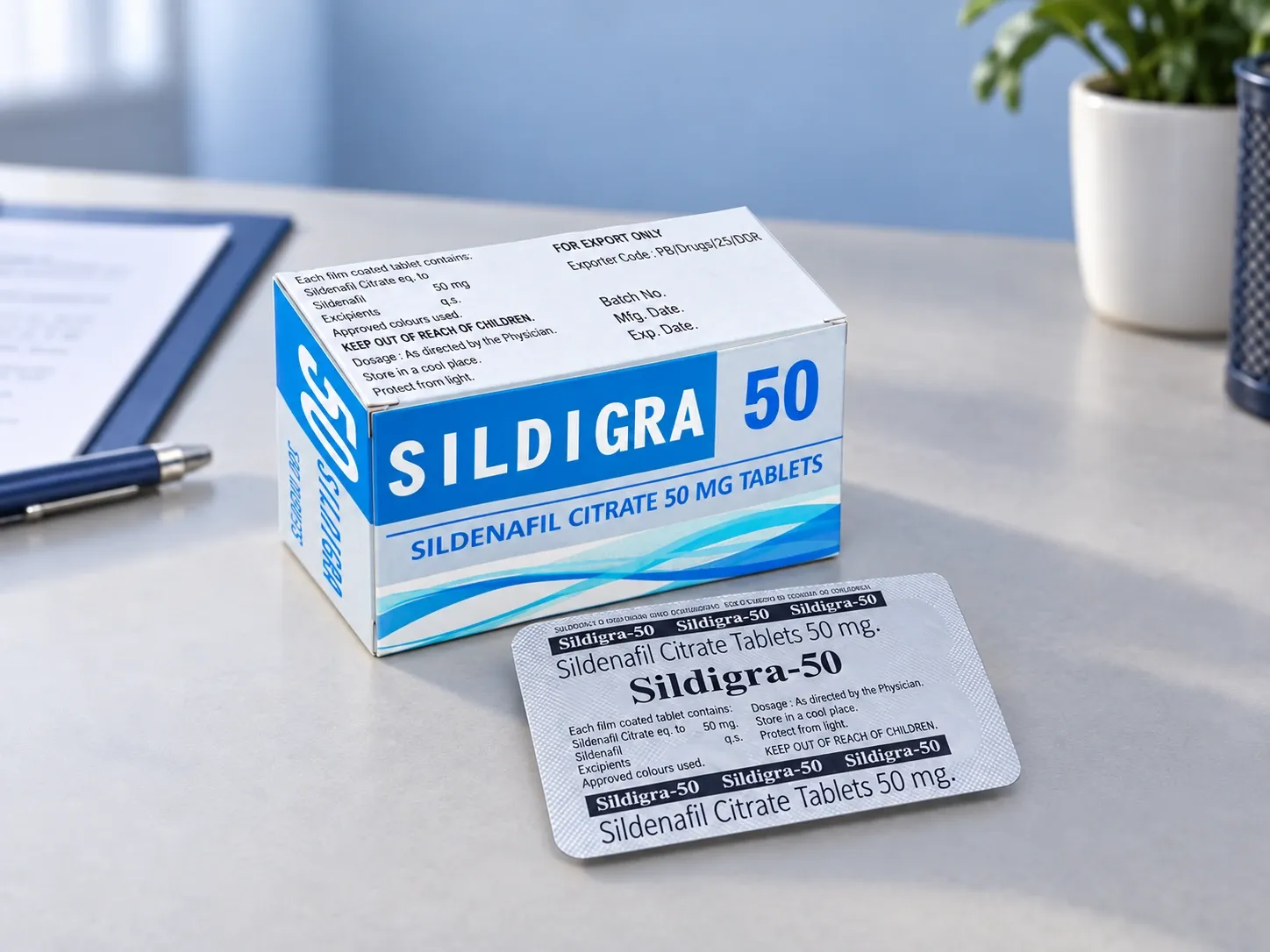 Editorial illustration of Sildigra 50 example packaging on a medicine-review desk