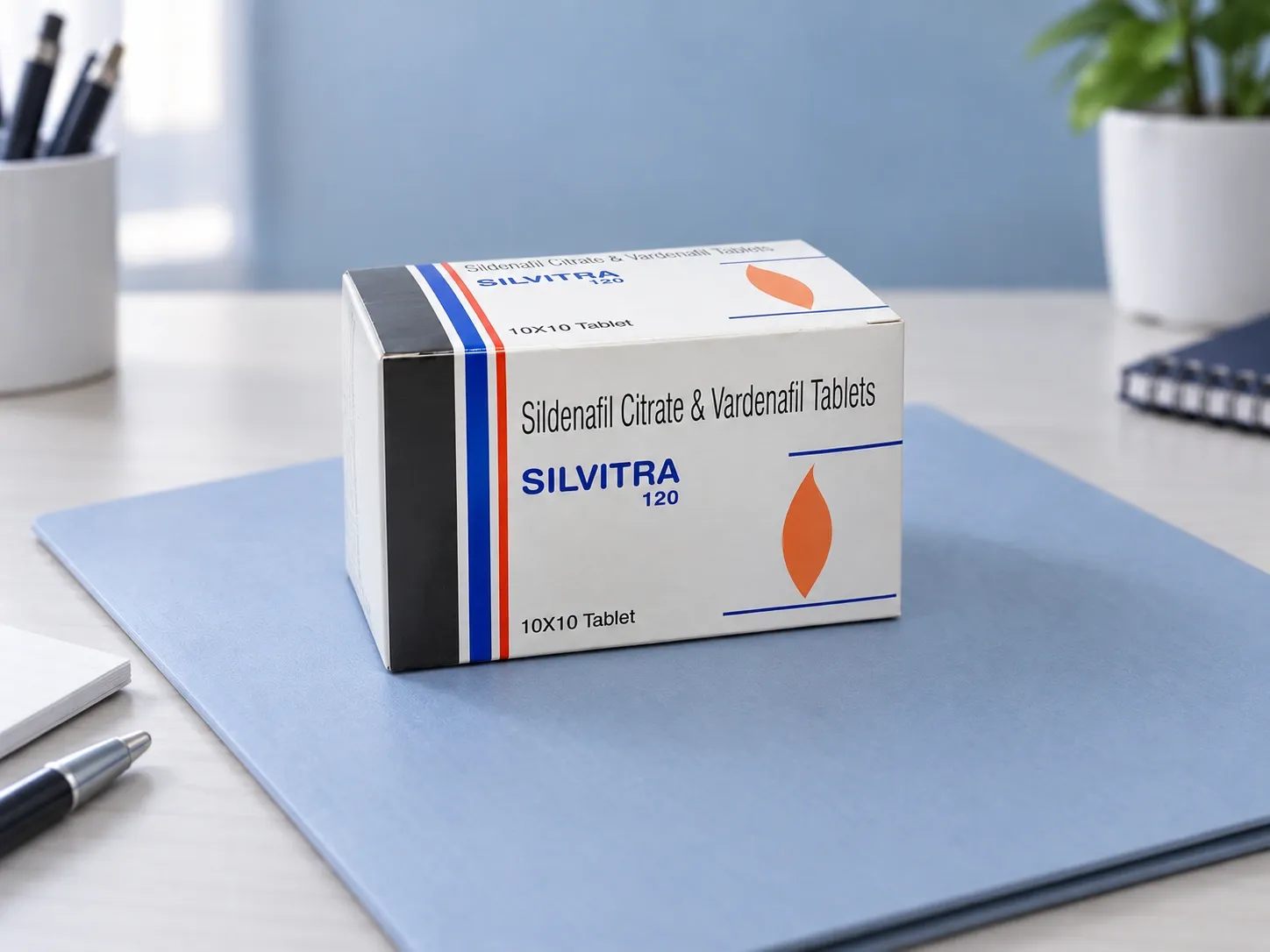 Editorial illustration of Silvitra example packaging on a medicine-review desk
