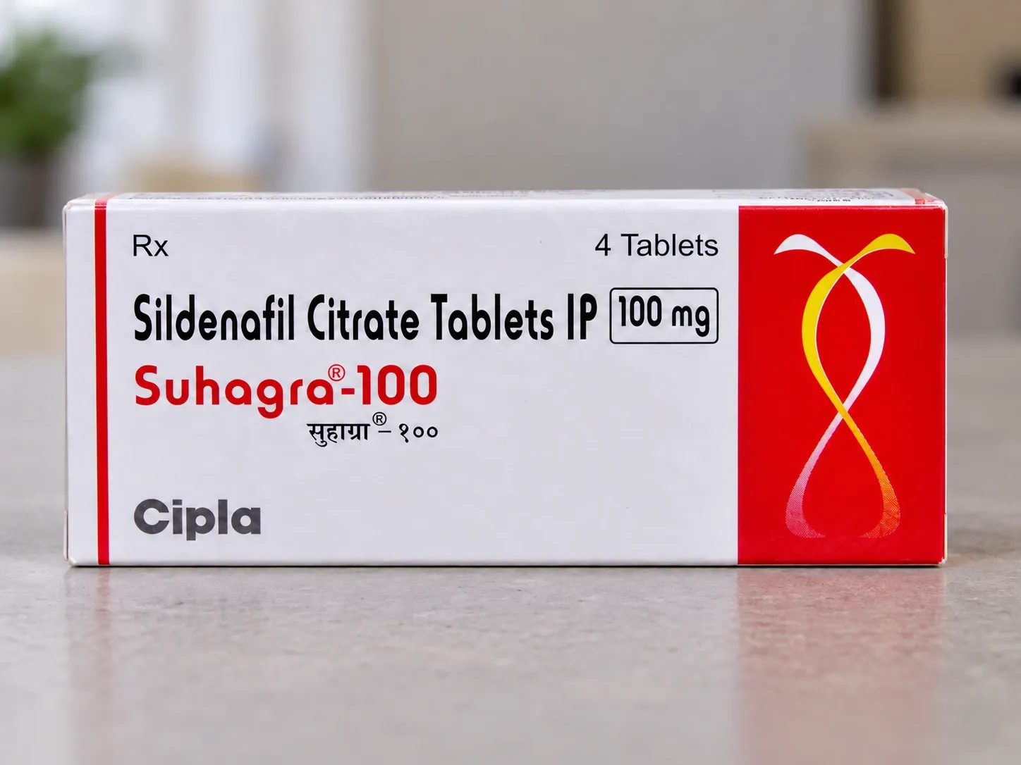 AI-generated illustration of Suhagra-100 packaging on a level tabletop