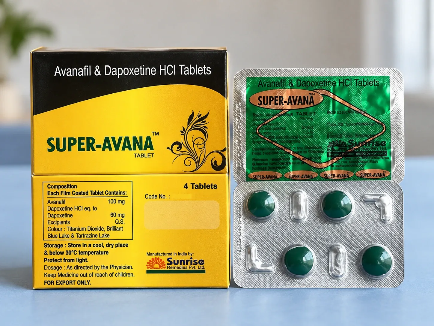 AI-generated illustration of SUPER-AVANA packaging on a level tabletop
