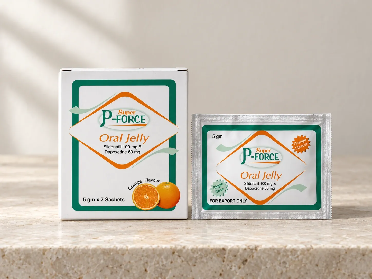 AI-generated illustration of P-FORCE Oral Jelly packaging on a level tabletop