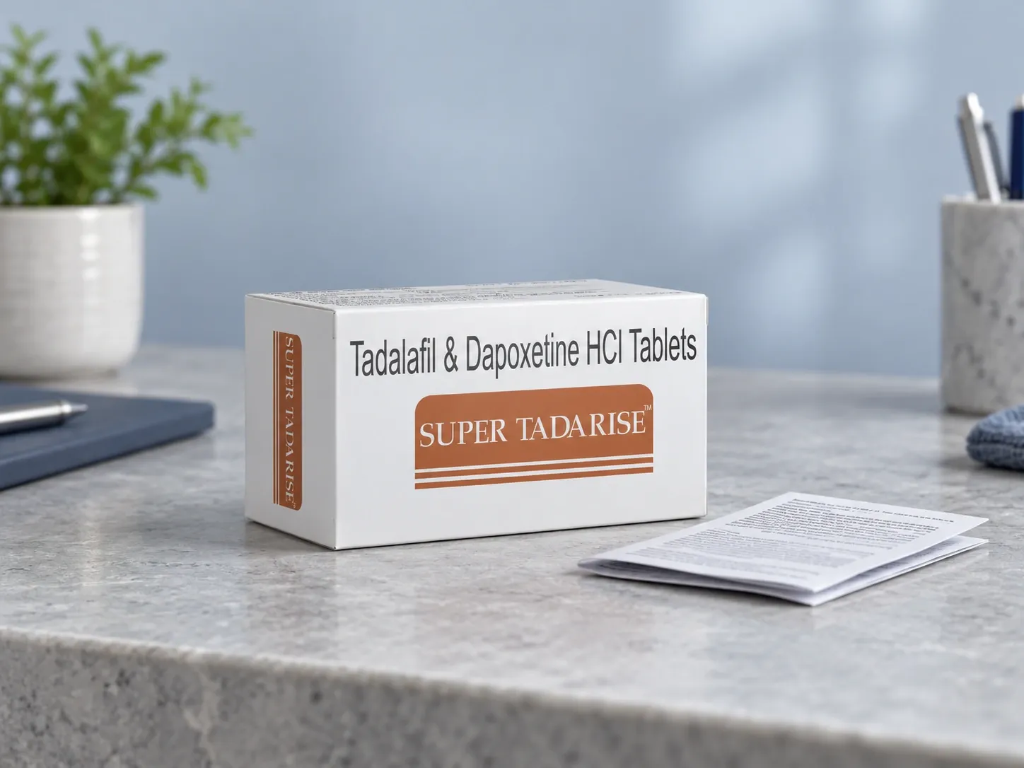 Editorial illustration of Super Tadarise example packaging on a medicine-review desk