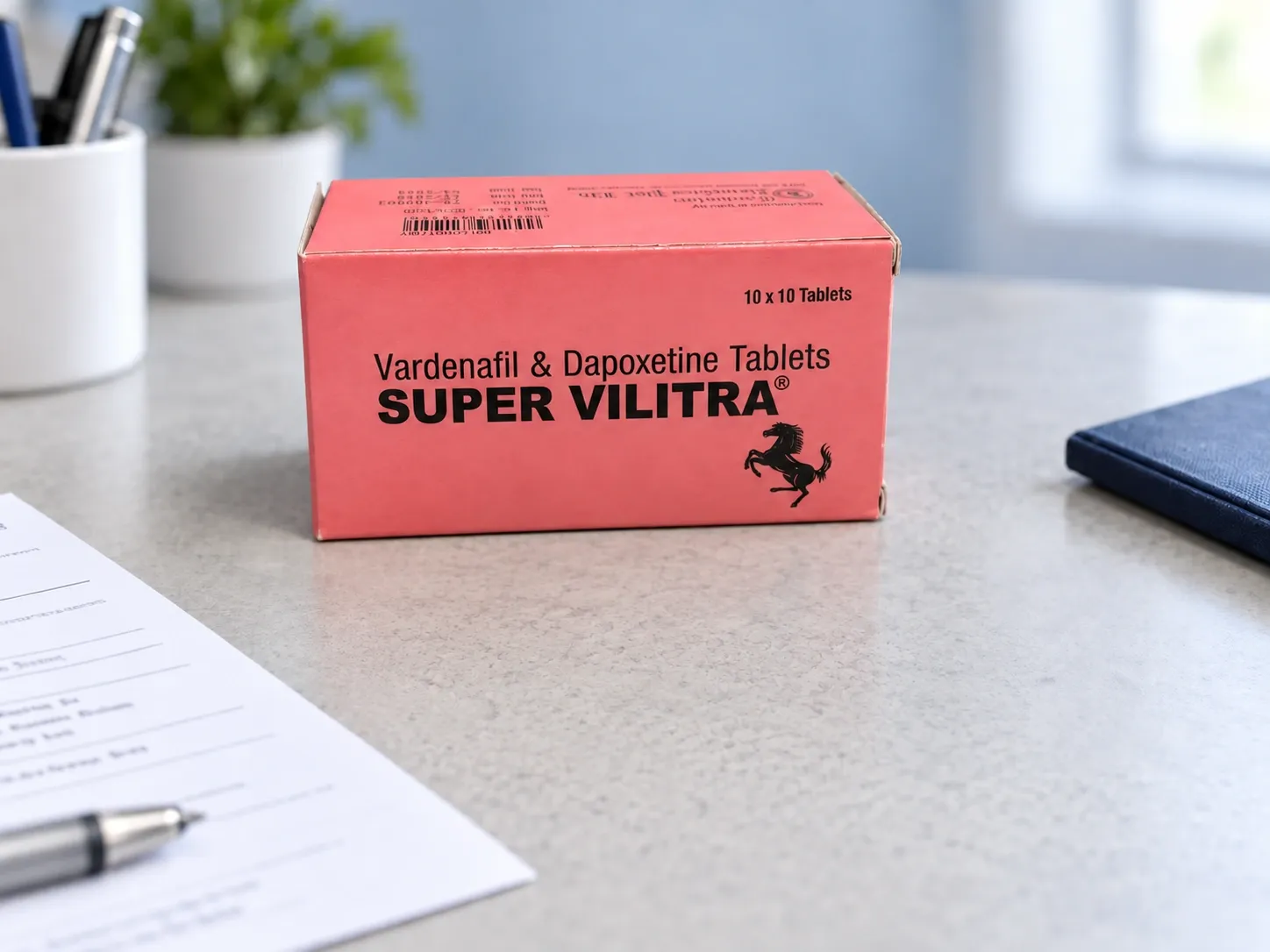 Editorial illustration of Super Vilitra example packaging on a medicine-review desk