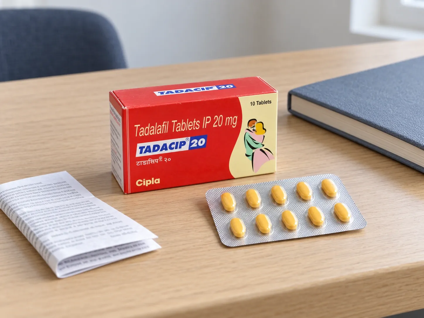 Editorial illustration of Tadacip 20 example packaging on a medicine-review desk