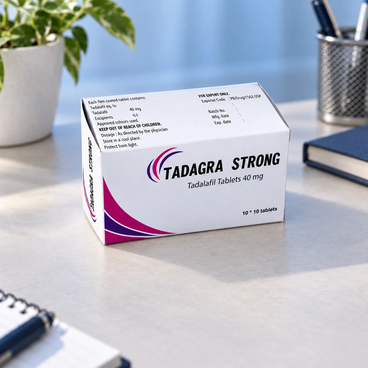 Editorial illustration of Tadagra Strong 40 mg example packaging on a medicine-review desk