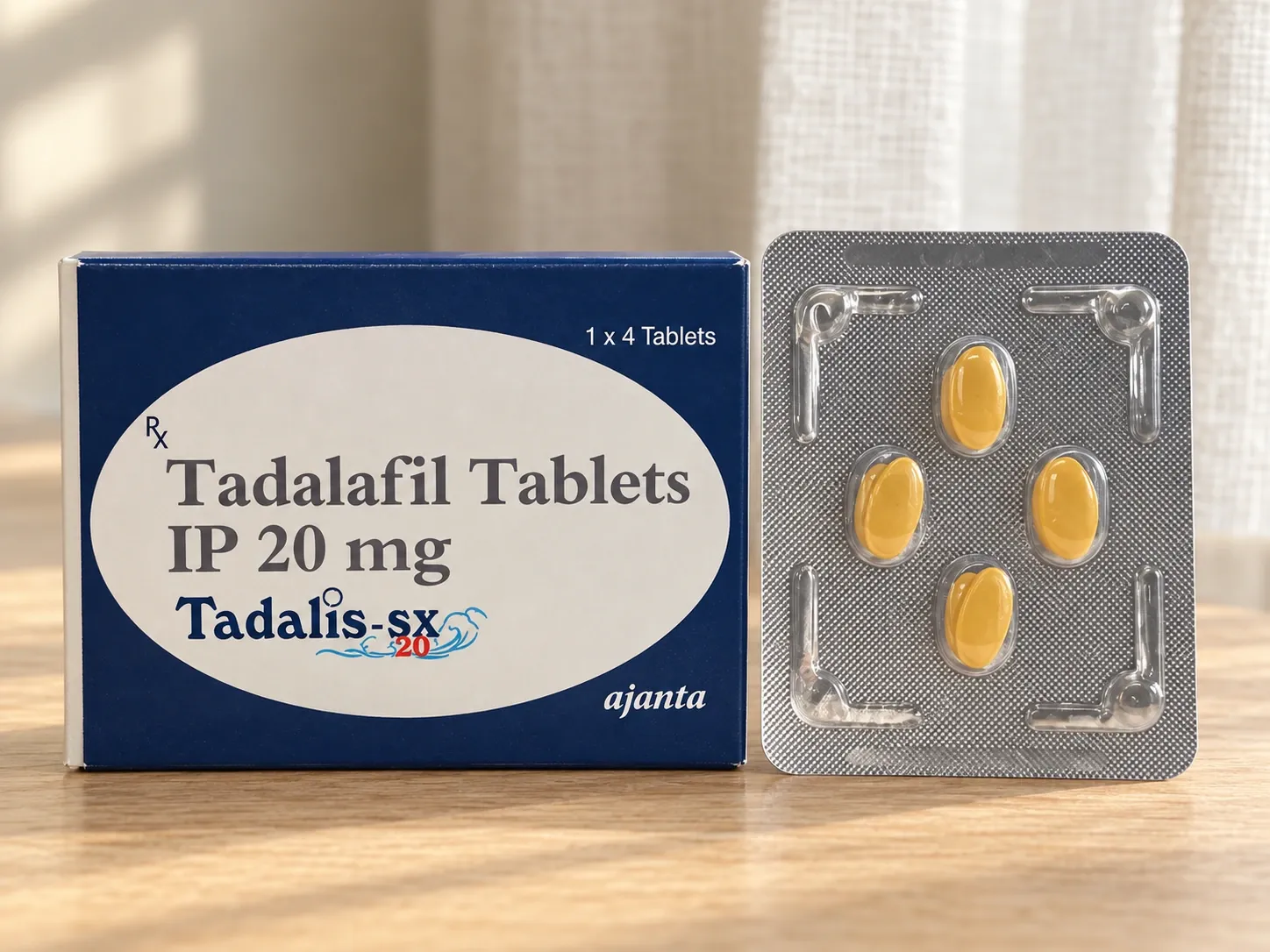 AI-generated illustration of Tadalis-SX packaging on a level tabletop
