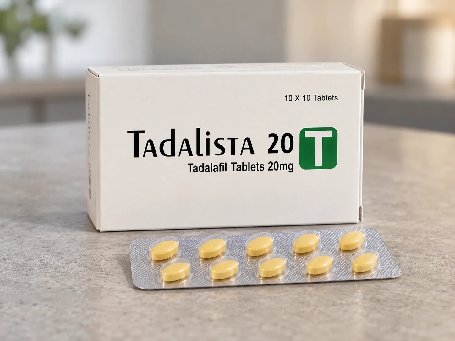 AI-generated illustration of Tadalista 20 packaging on a level tabletop